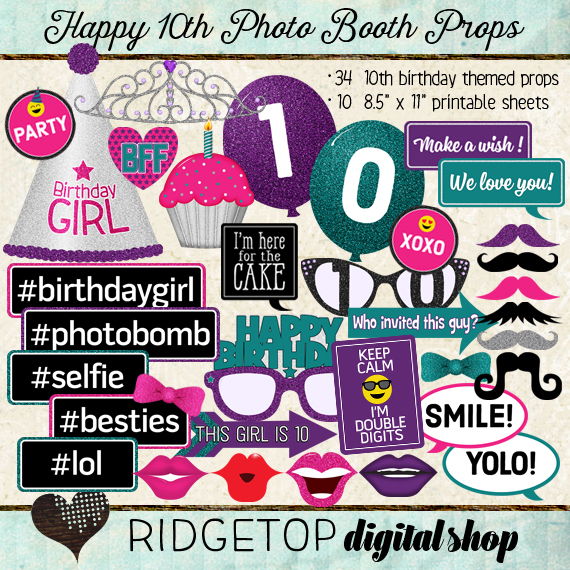 Ridgetop Digital Shop | Photo Booth Props | 10th Birthday | Girl