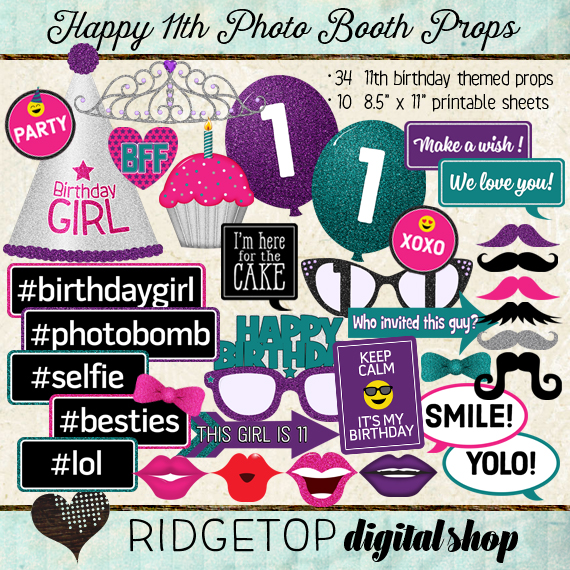 Ridgetop Digital Shop | Photo Booth Props | 11th Birthday | Girl