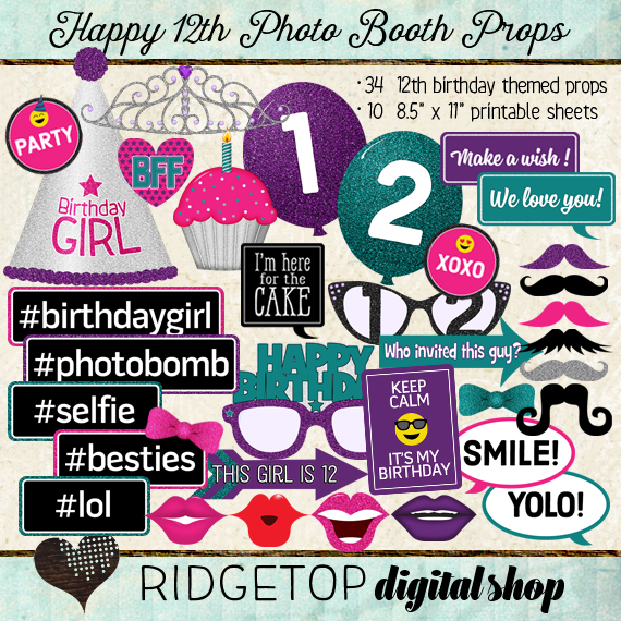 Ridgetop Digital Shop | Photo Booth Props | 12th Birthday| Girl
