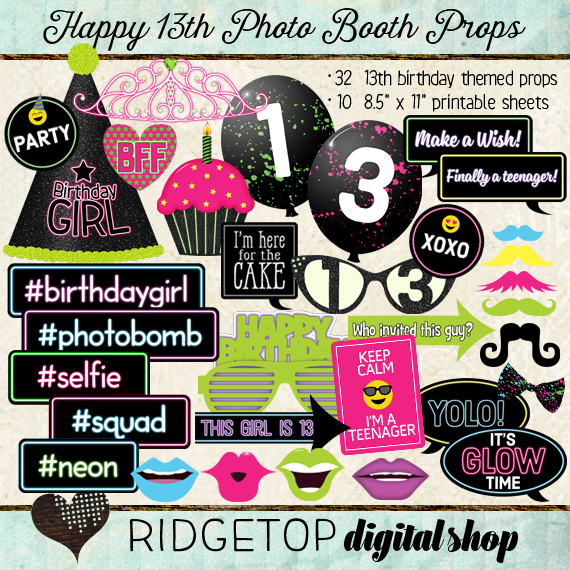 Ridgetop Digital Shop | Photo Booth Props | 13th Birthday | Glow |Girl