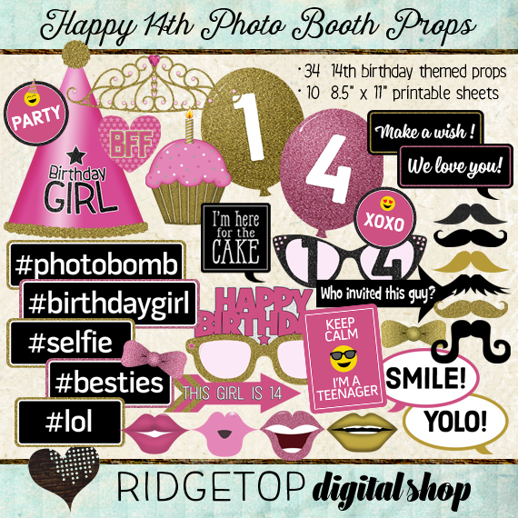 Ridgetop Digital Shop | Photo Booth Props | 14th Birthday | Girl | Pink | Gold