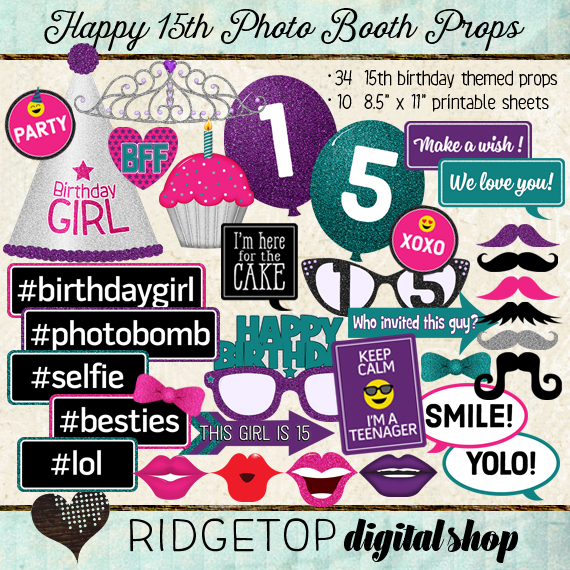 Ridgetop Digital Shop | Photo Booth Props |15th Birthday | Girl | Pink | Purple | Teal