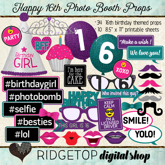 Ridgetop Digital Shop | Photo Booth Props | 16th Birthday | Girl | Pink | Purple | Teal
