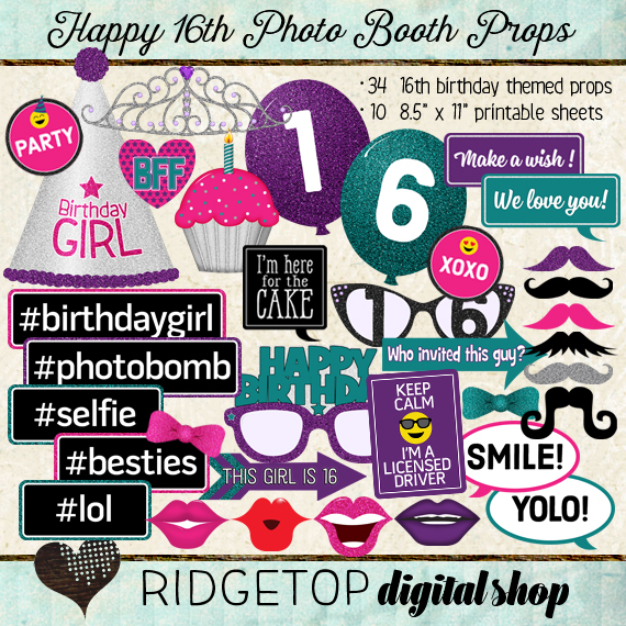 Ridgetop Digital Shop | Photo Booth Props | 16th Birthday | Girl | Pink | Purple | Teal