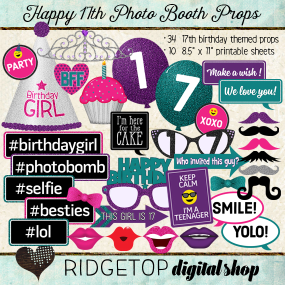 Ridgetop Digital Shop | Photo Booth Props |17th  Birthday | Girl | Pink | Purple | Teal