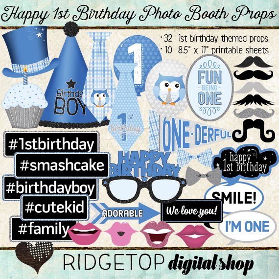 Ridgetop Digital Shop | Photo Booth Props | 1st Birthday | Boy | Silver | Blue