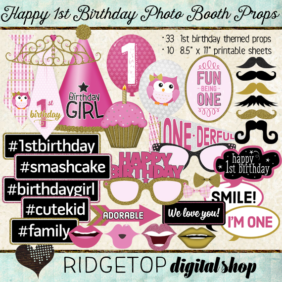 Ridgetop Digital Shop | Photo Booth Props | 1st Birthday | Girl | Pink | Gold