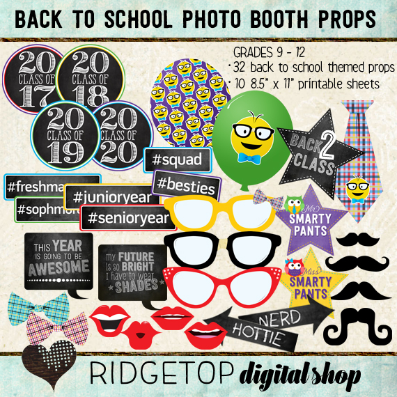 Ridgetop Digital Shop | Photo Booth Props | Back to School | 9th | 10th |11th | 12th | Grade | High School