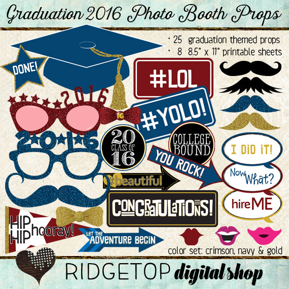 Ridgetop Digital Shop | Photo Booth Props | Class of 2016 | Graduation | Crimson | Navy | Gold