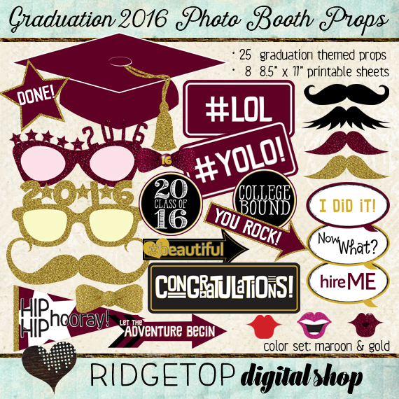 Ridgetop Digital Shop | Photo Booth Props | Class of 2016 | Graduation | Maroon | Gold