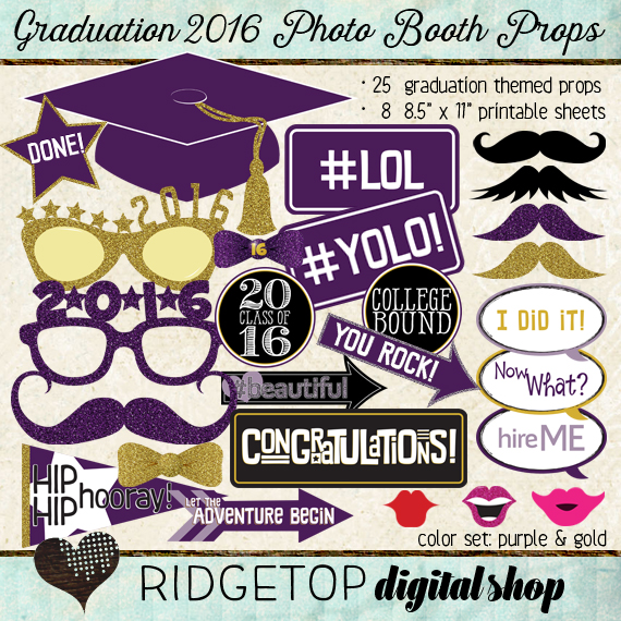 Ridgetop Digital Shop | Photo Booth Props | Class of 2016 | Graduation | Purple | Gold