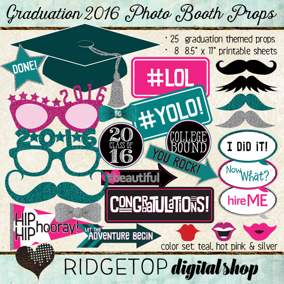 Ridgetop Digital Shop | Photo Booth Props | Class of 2016 | Graduation | Teal | Hot Pink