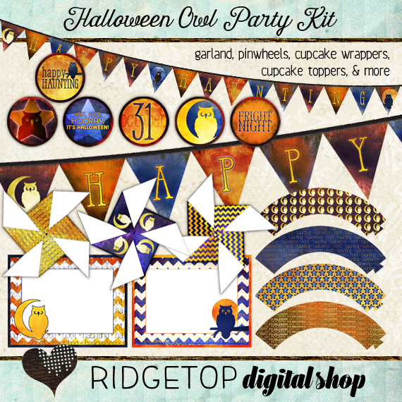 Ridgetop Digital Shop | Party Kit | Halloween | Owl | Garland | Pinwheels | Cupcake Wrappers