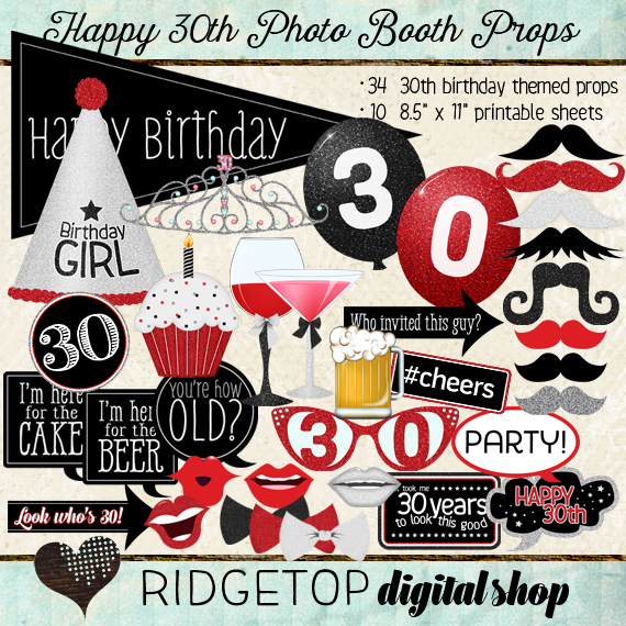 Ridgetop Digital Shop | Photo Booth Props | 30th Birthday | Girl | Tiara | Red | Black
