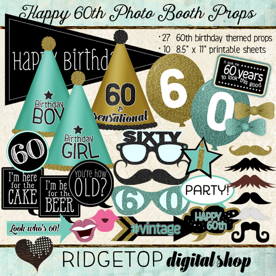 Ridgetop Digital Shop | Photo Booth Props | 60th Birthday | Aqua | Mint | Gold