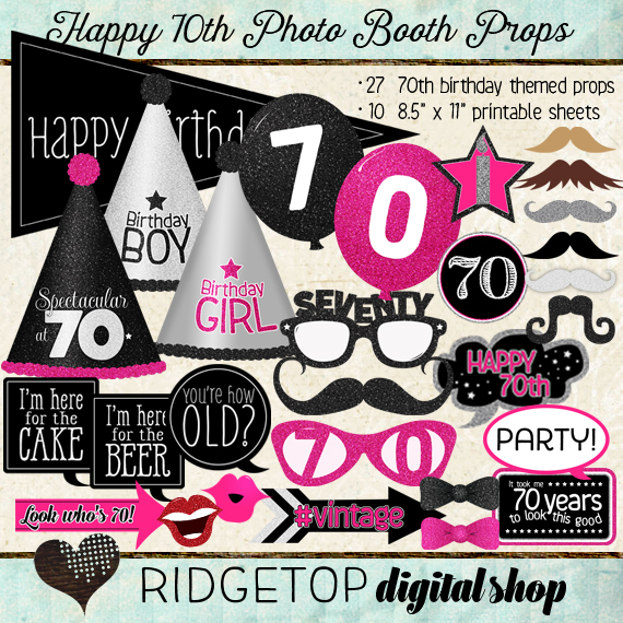 Ridgetop Digital Shop | Photo Booth Props | 70th Birthday | Pink | Black | Silver