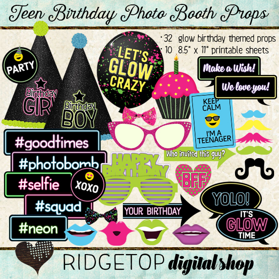 Ridgetop Digital Shop | Photo Booth Props | Teen Birthday | Glow | Blacklight| Neon